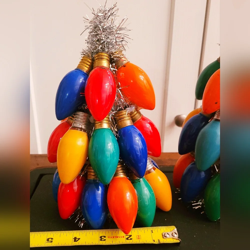 Set of 2 handmade vintage tinsel and lightbulb Christmas tree decorations